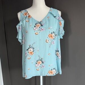 Roz & Ali Floral Ruffle Sleeve Blouse - Light Blue Size M Petite